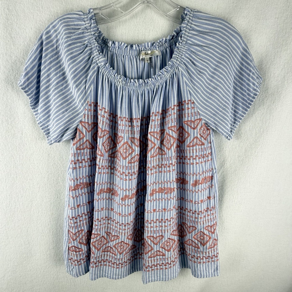 Andree by Unit Blue Striped Blouse Sz S Boho Aztec Embroidered Cottage Prairie